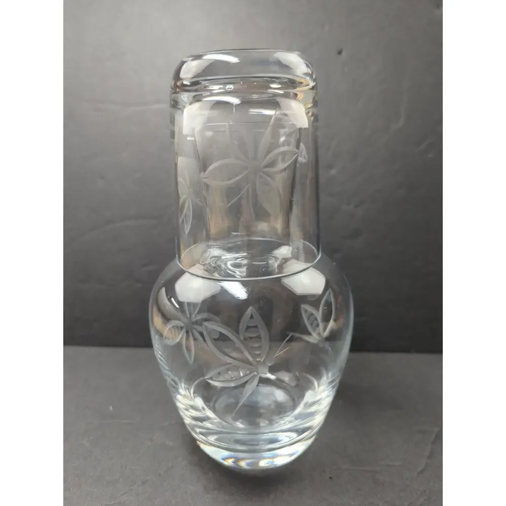 VTG‎ Glass Tumble Up Etched ButterfliesPitcher &Glass Bedside Water Carafe 7 IN